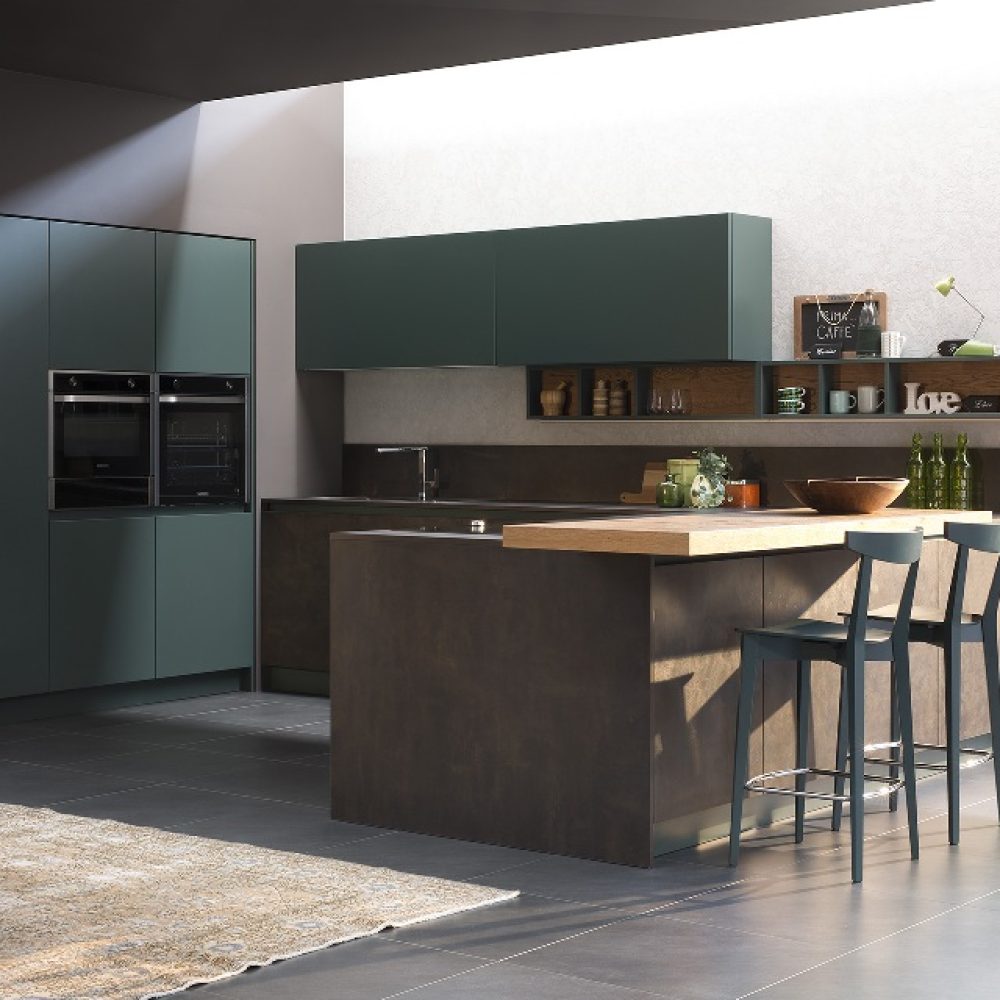 cucina-moderna-verde+bronzo-penisola-snack-legno1